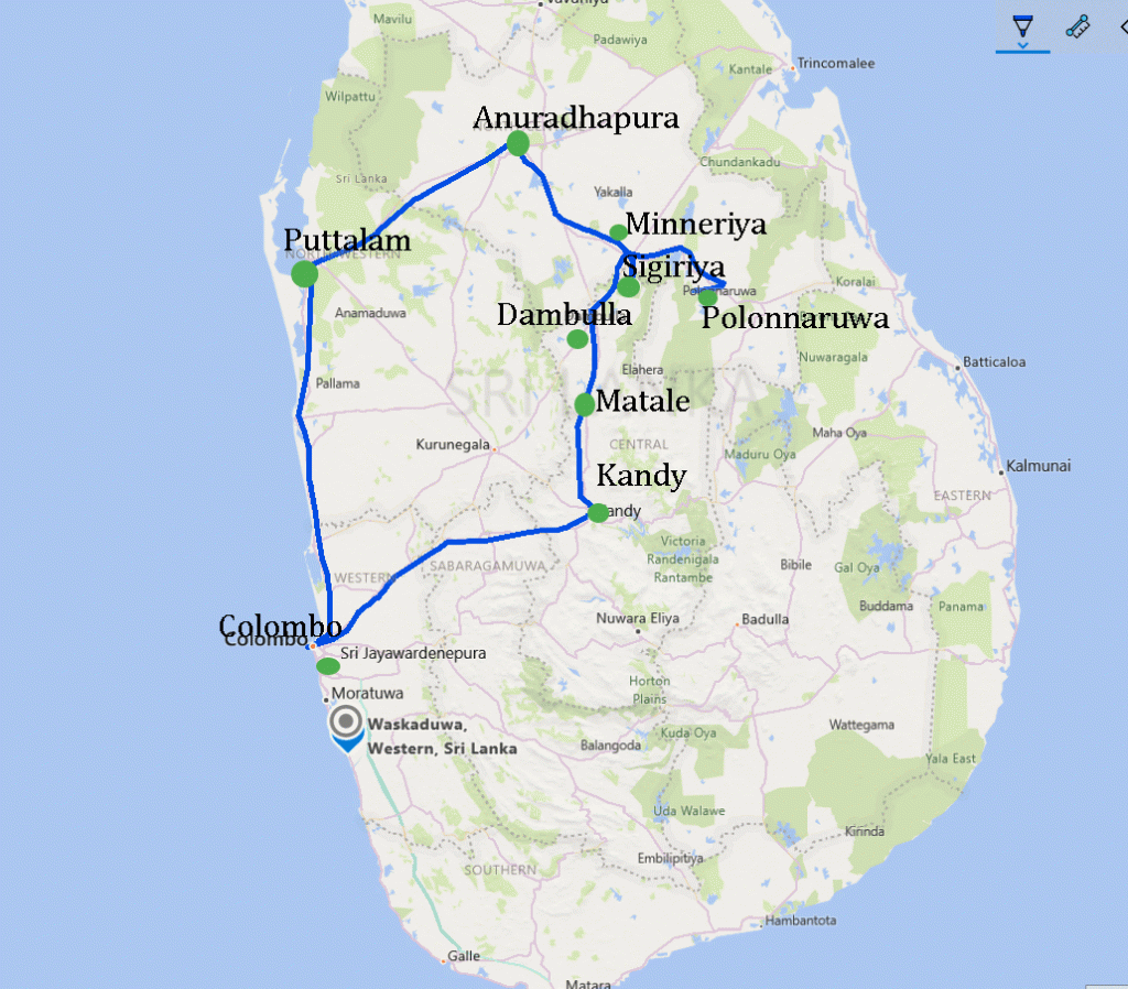 Sri Lanka 4 day tour map, places to visit in Sri Lanka in 4 days, Sri lanka 4 days tour cultural triangle