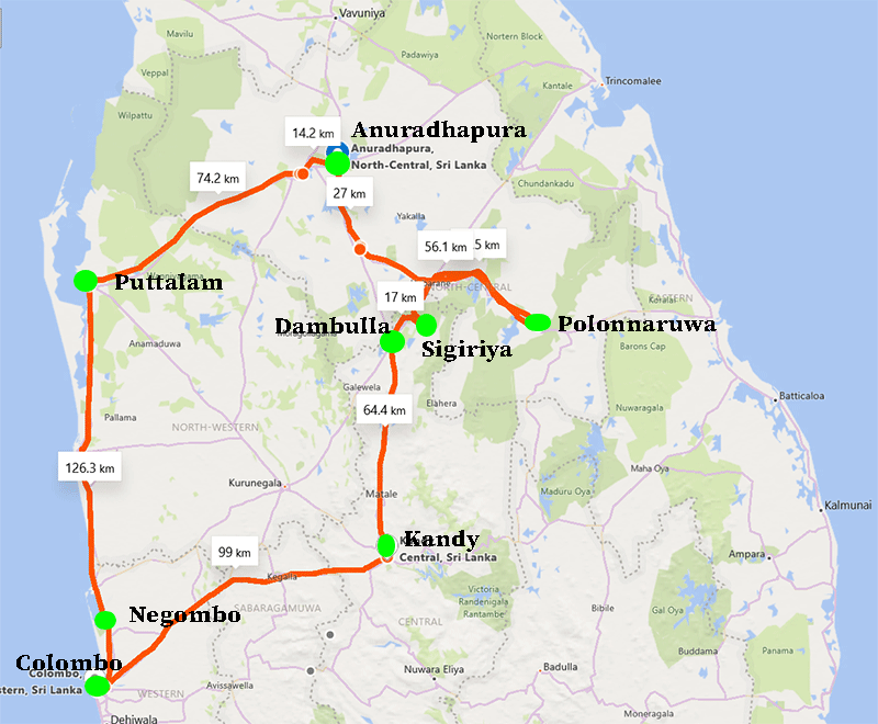 Map of Sri Lanka cultural triangle tour