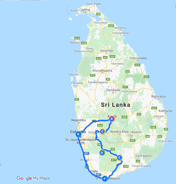 This is the map of  5 nights 6 days Sri Lanka itinerary. places to visit on this 6 days trip are Kandy, Kitulgala, Udawalawe, Matara, Bentota and Colombo
