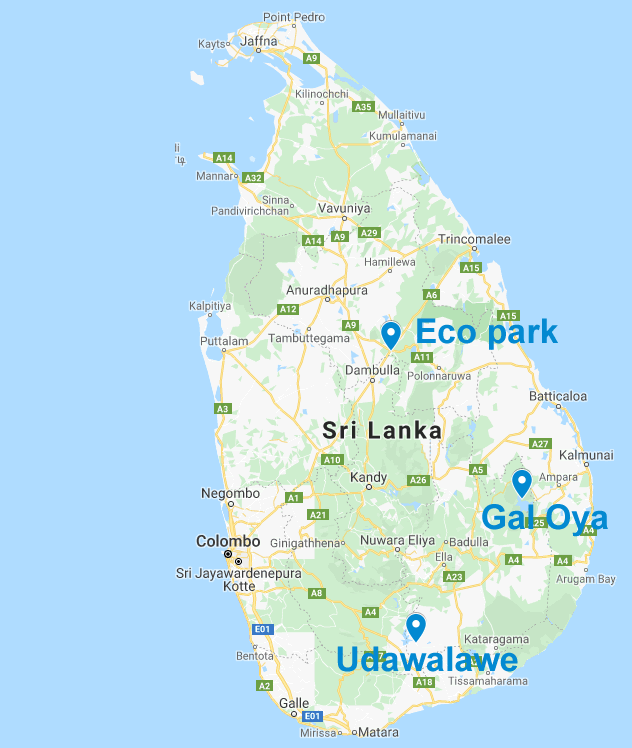 
This Sri Lanka map showcases 3 national parks (Udawalawe national park, Eco park and Gal oya national parks) that are popular for elephant safari in Sri Lanka