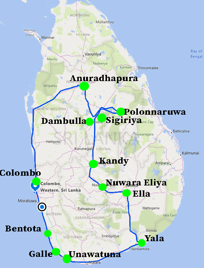 SRI LANKA ITINERARY 12 DAYS map