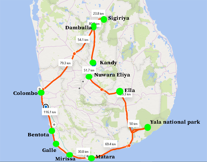 Map of Sri Lanka splendour 7 days road trip