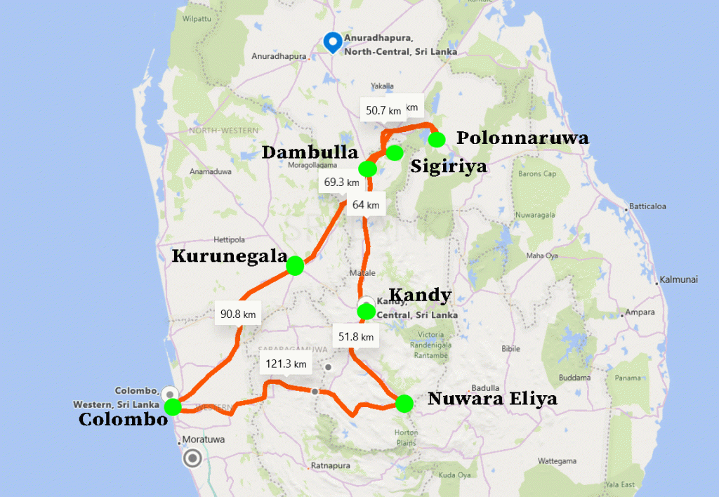 The map of Sri Lanka 5 days trip