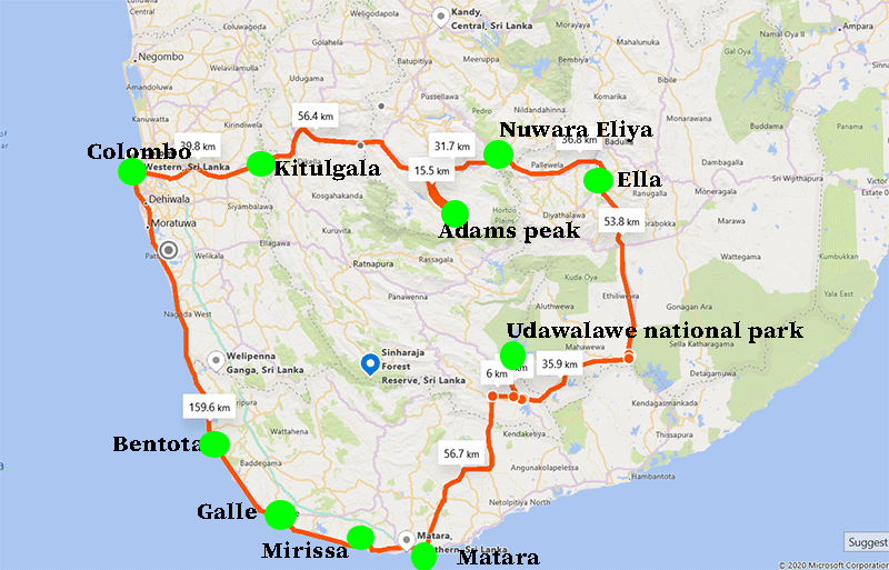 map of Sri Lanka 5 day adventure tour package