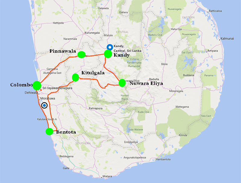 Map of Sri Lanka 4 days package with Colombo, Kandy, Nuwara Eliya, Bentota, Kandy trip package